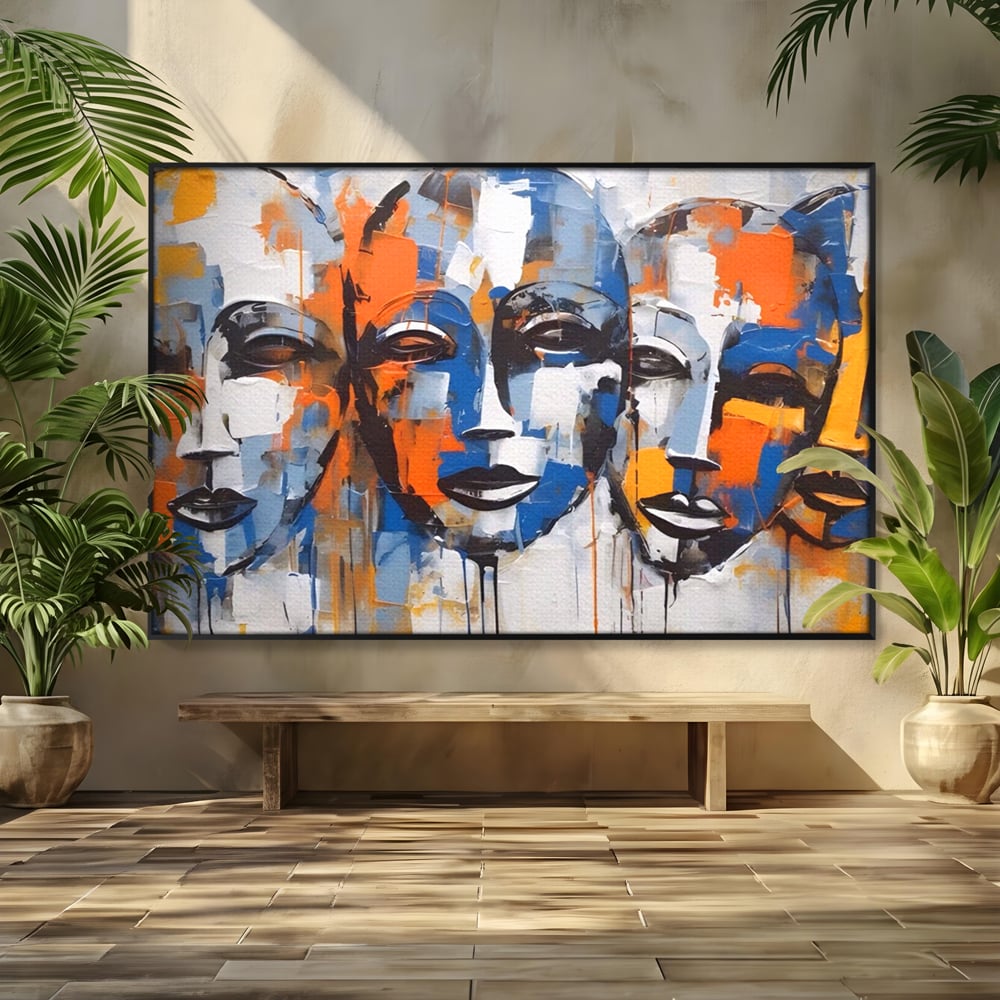 Tablou canvas cu tablou canvas cu trei masti stilizate, in rama de aluminiu negru